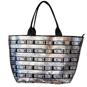 Victoria’s Secret Black Silver Tote Bag Large Weekender Travel Carryall Getaway